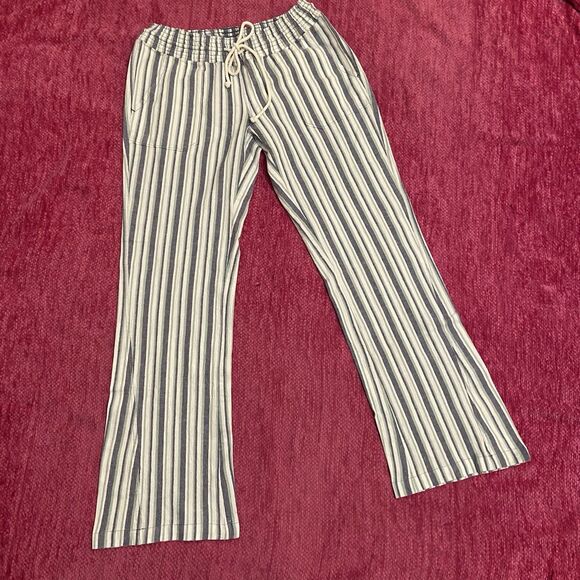 Roxy Oceanside Beach Flare Pants Cotton Linen Blue Green White Stripe Size Large - Picture 1 of 11